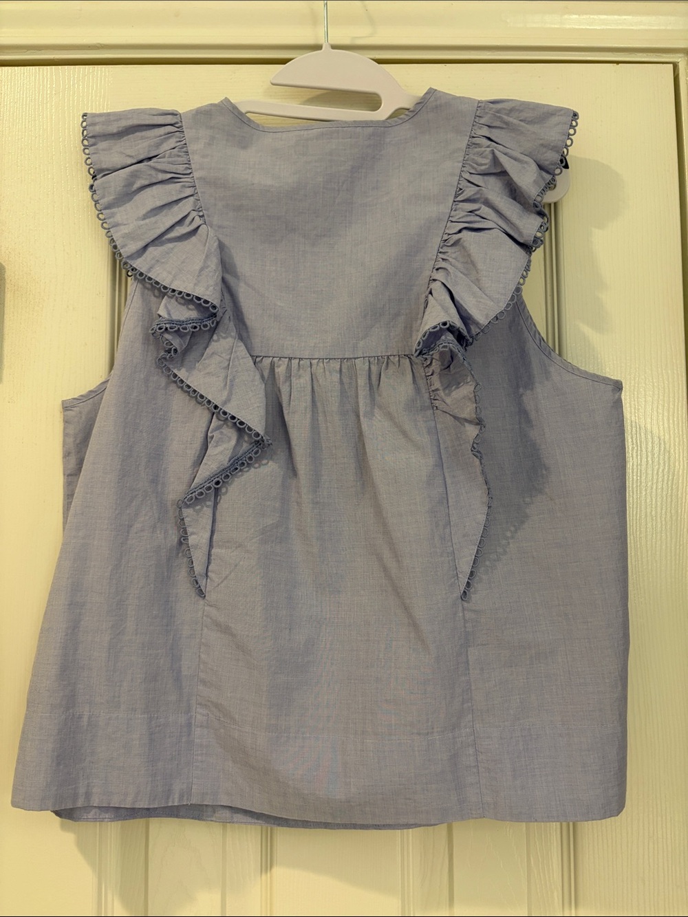 J. Crew Light Blue Sleeveless Ruffle Front Button Blouse - Picture 2 of 5